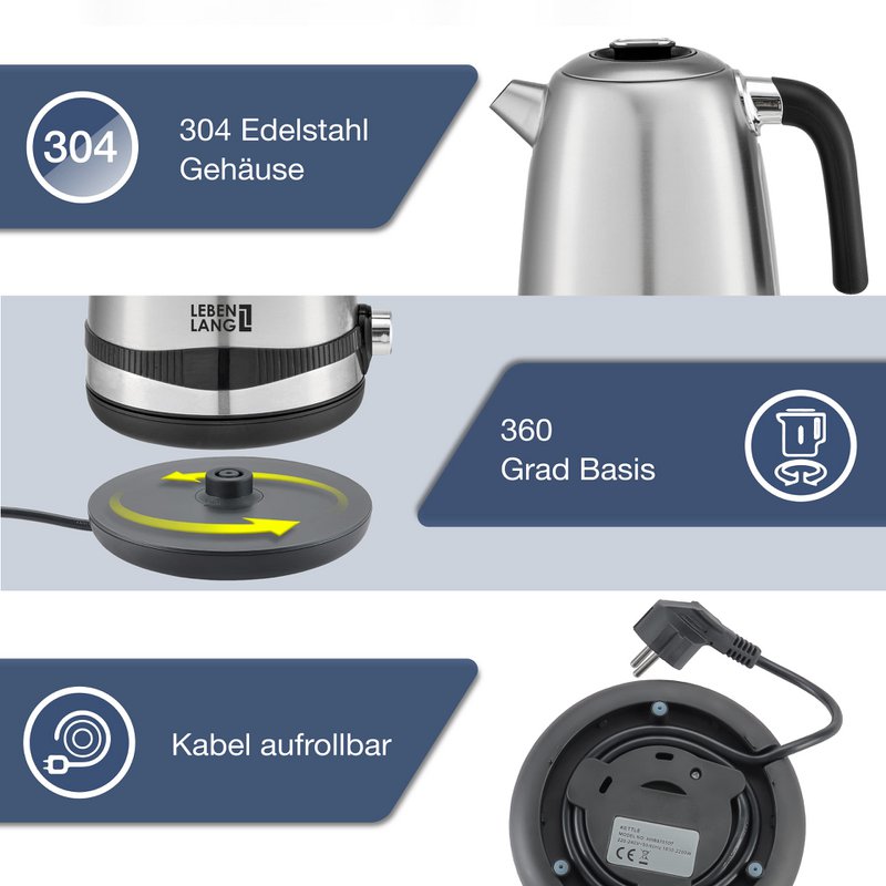 LIFETIME kedel rustfrit stål temperaturindstilling - støjsvag, temperaturvisning & hold varm funktion - 1,7 liter & 2200W | Elkedler | Temperaturkedel i rustfrit stål retro uden plast