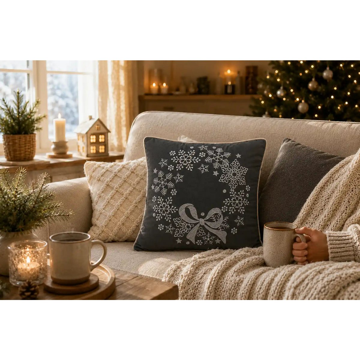 Grey Snowflake with Bow – Cushion Cover / Kussenhoes – Christmas 45×45 cm – Urbane Hide