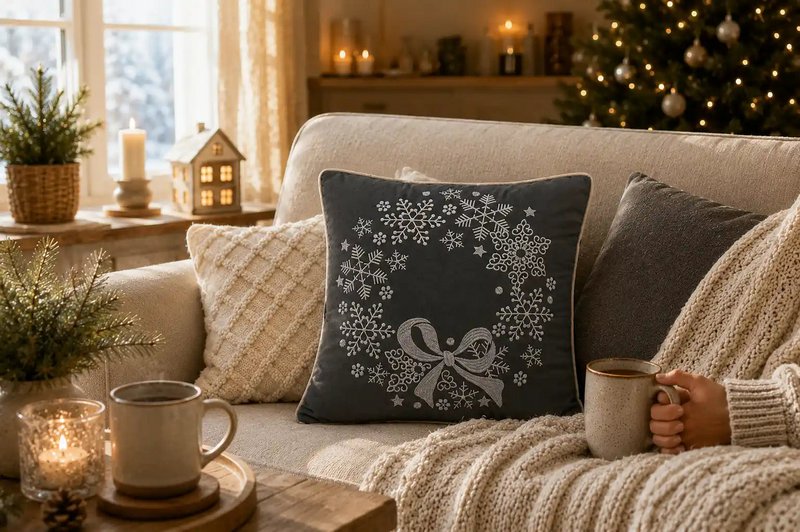 Grey Snowflake with Bow – Cushion Cover / Kussenhoes – Christmas 45×45 cm – Urbane Hide