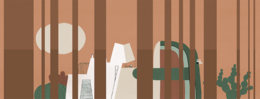 A colorful, abstract wall mural featuring geometric shapes and patterns in shades of brown, white, and green. The mural appears to be designed for a child's room or nursery, with a playful and whimsical aesthetic.