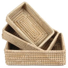  Rectangular woven storage baskets made of natural kaisa grass, available in three sizes - medium, small, and large. Suitable for organizing and storing various household items.