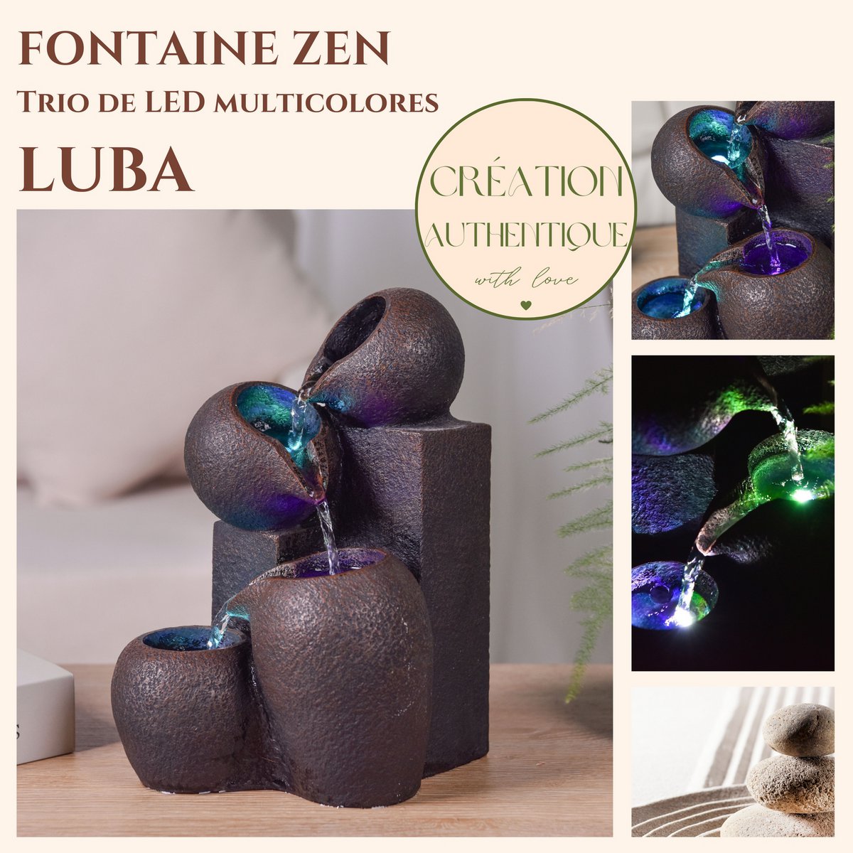 Binnenfontein - Luba - Zen en ontspannende sfeer - Gekleurd ledlicht - Trapsgewijze stroom - Decoratief cadeau-idee
