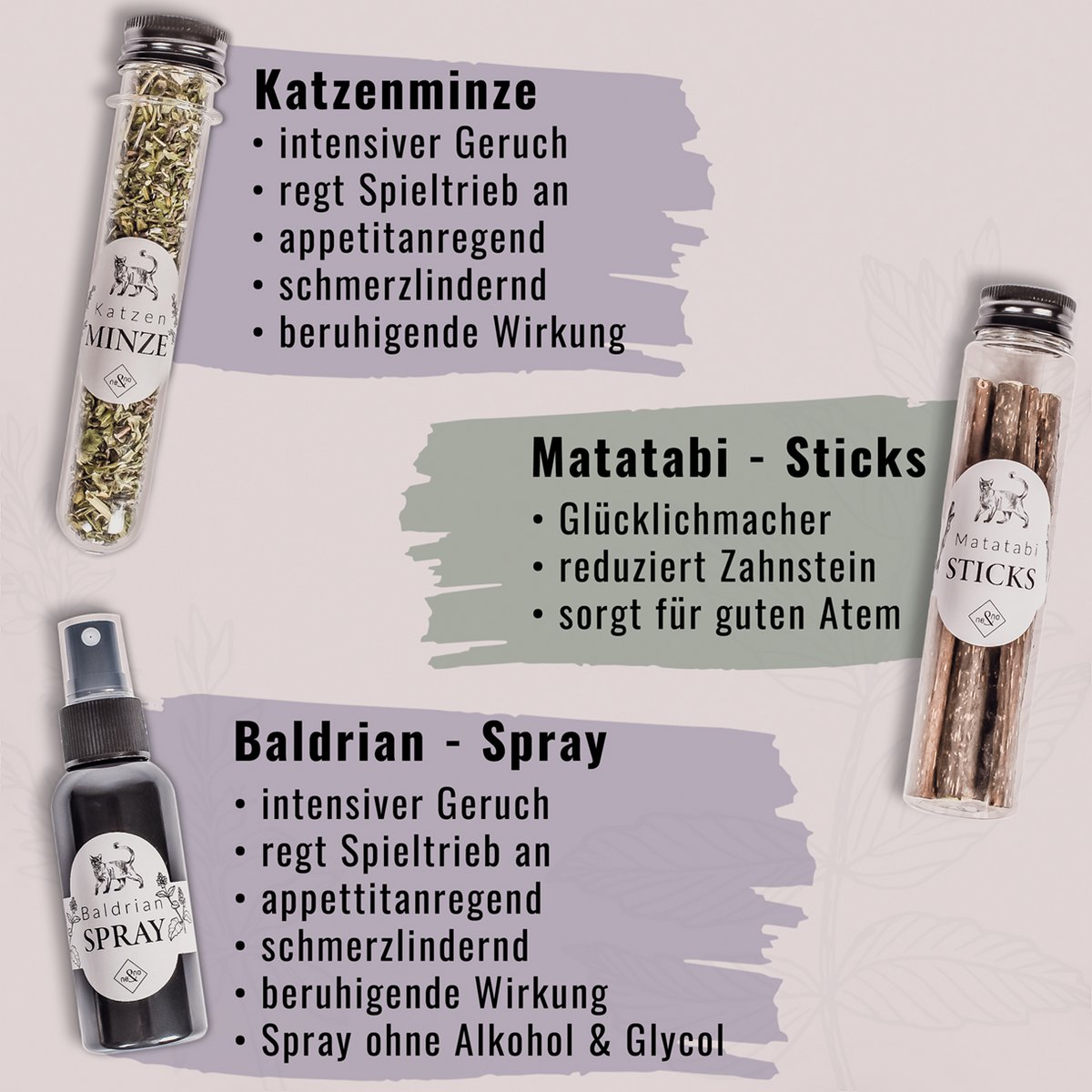 ne&no® Geschenkset Katzen Wohlfühlkräuter: Katzenminze + Baldrian Spray +  Matatabi Sticks