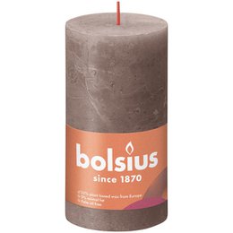 Taupe-colored pillar candle from Bolsius, measuring 130mm tall and 68mm wide.