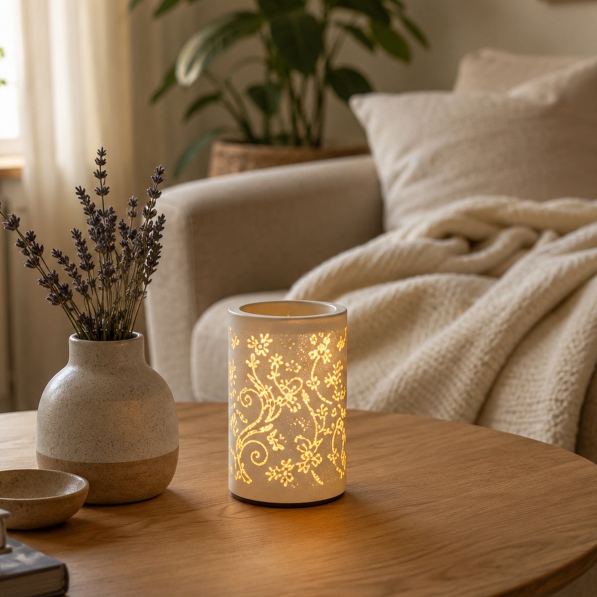 Zachte warmteverspreider – Calorya n°1 – Keramiek met verwijderbare schaal – Verspreiding en lamp – Geparfumeerde was, etherische oliën – Decoratief idee