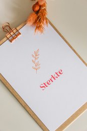  A simple, elegant condolence card with the word "Sterbte" written in red text and a decorative feather accent in warm orange tones.