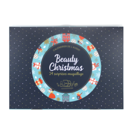 This advent calendar contains 24 cosmetic accessories in a festive, winter-themed design. The calendar features a round frame with colorful illustrations of holiday icons and a starry night sky background.