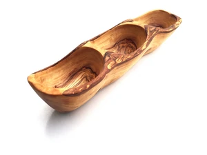 Elongated bowl with 3 compartments, rustic, handmade from olive wood