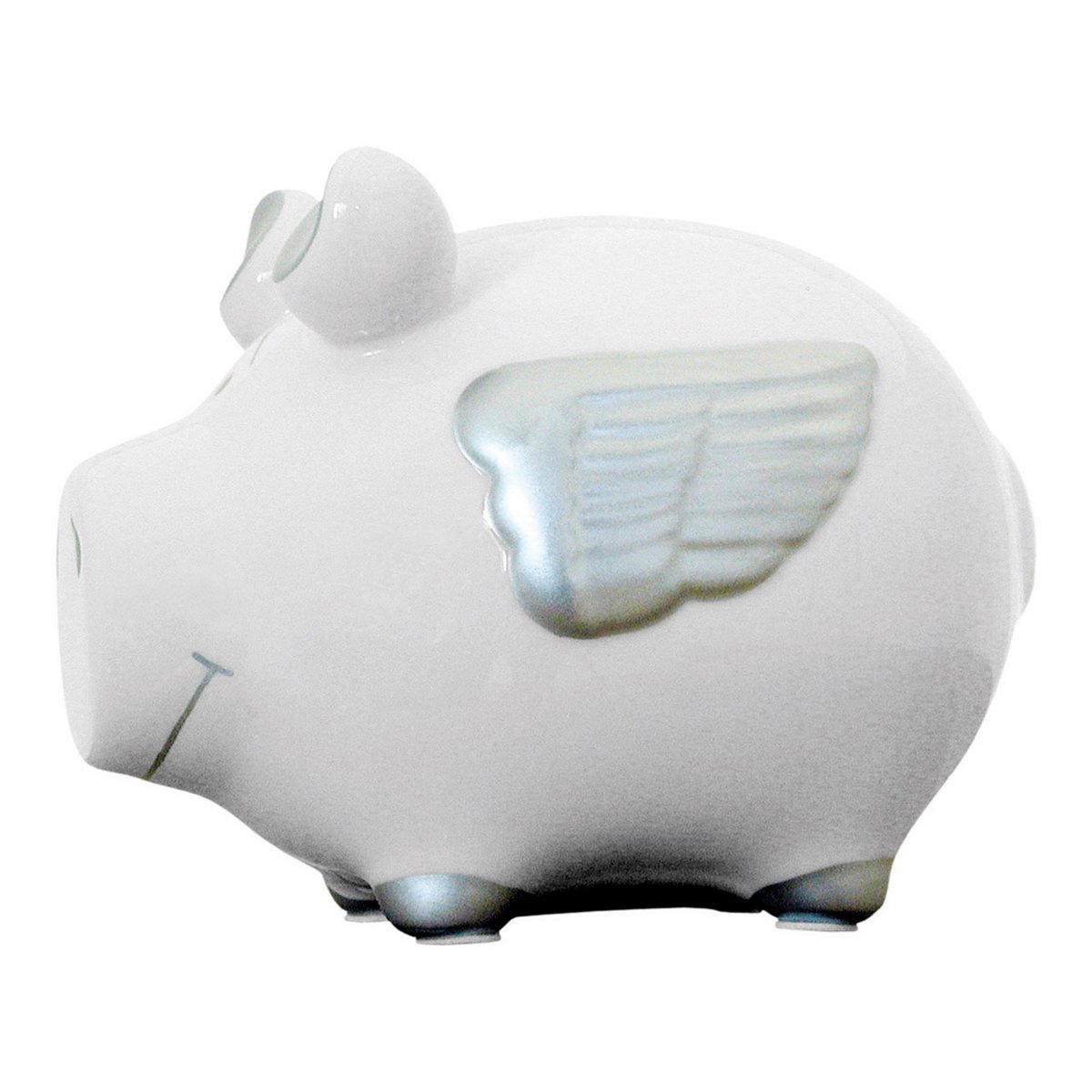Tirelire société cochon ange en céramique, blanc/argent (L/H/P) 12,5x9x9 cm petit cochon
