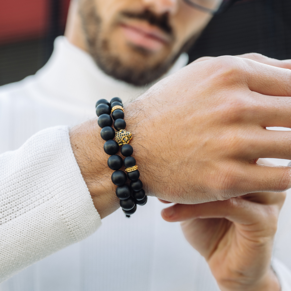 Bracciale Da Uomo IN ONICE NERO Con Testa DI LEOPARDO Dorata