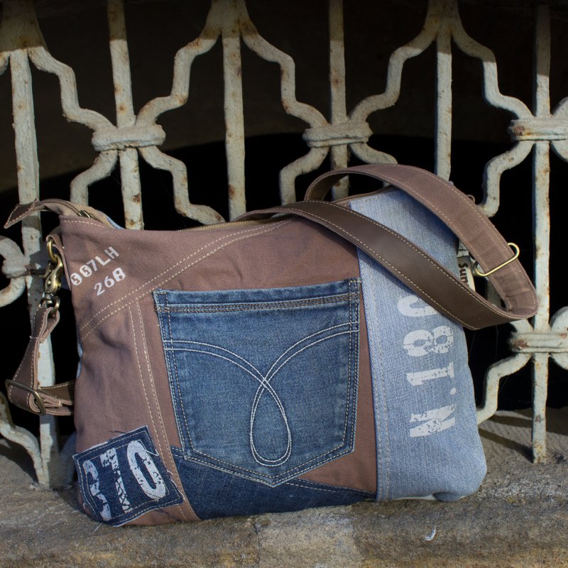 Sunsa Bæredygtig Skuldertaske til kvinder. Skuldertaske lavet af genbrugte jeans & canvas (canvas). Håndtaske i vintage retro stil. Crossbody taske til kvinder.