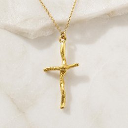 Gold Cross Necklace, Handmade Nature Jewelry, Organic Branch Pendant, Gift for Faith & Protection, Sterling Silver 925 Twig