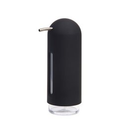  Black penguin-shaped soap pump dispenser, cylindrical tall design, matte finish, nickel accents, kitchen bathroom essential