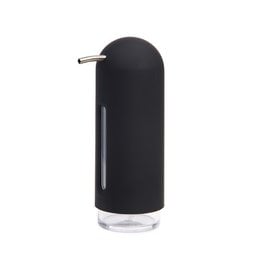Black penguin-shaped soap pump dispenser, cylindrical tall design, matte finish, nickel accents, kitchen bathroom essential