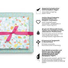 Colorful wrapping paper turquoise with terrazzo pattern, children pack gifts for children's birthday, for school or at birth