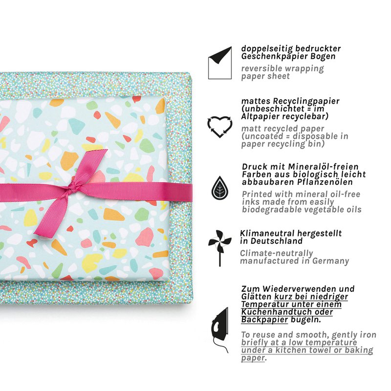 Colorful wrapping paper turquoise with terrazzo pattern, children pack gifts for children's birthday, for school or at birth