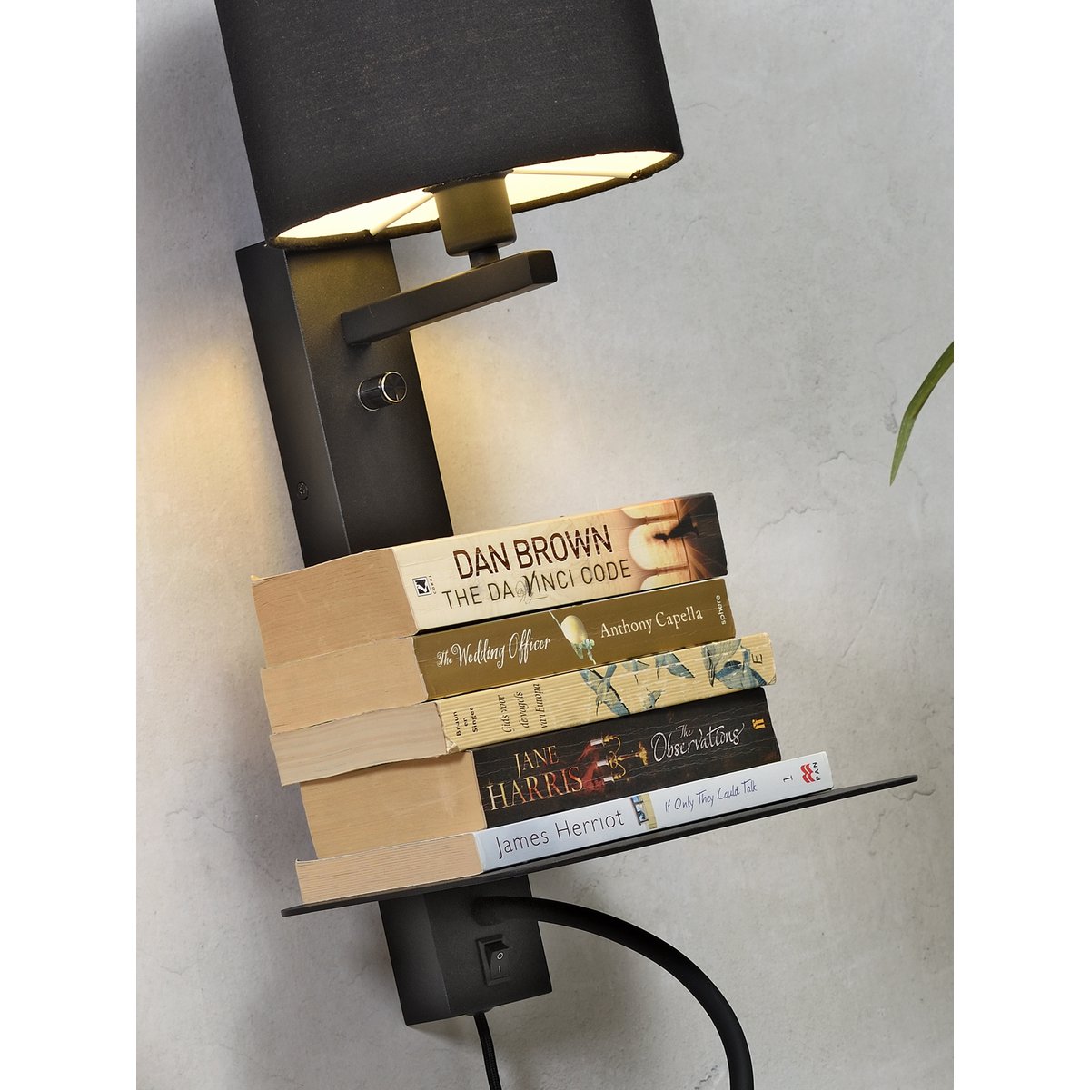 Wandlamp Florence plank+usb+leeslamp/kap 1815 d.linnen