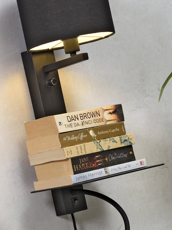 Wandlamp Florence planke+usb+leeslamp/kap 1815 d.linnen