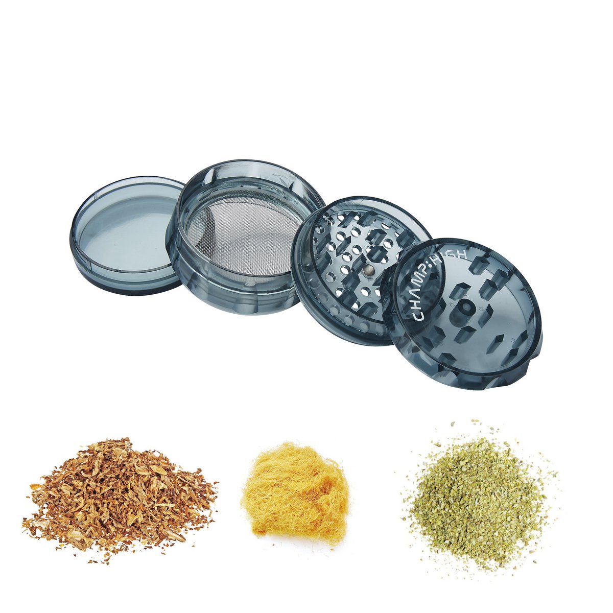 Display van 12 transparante plastic kruidenmolens - roze, wit, geel, groen, zwart en blauw