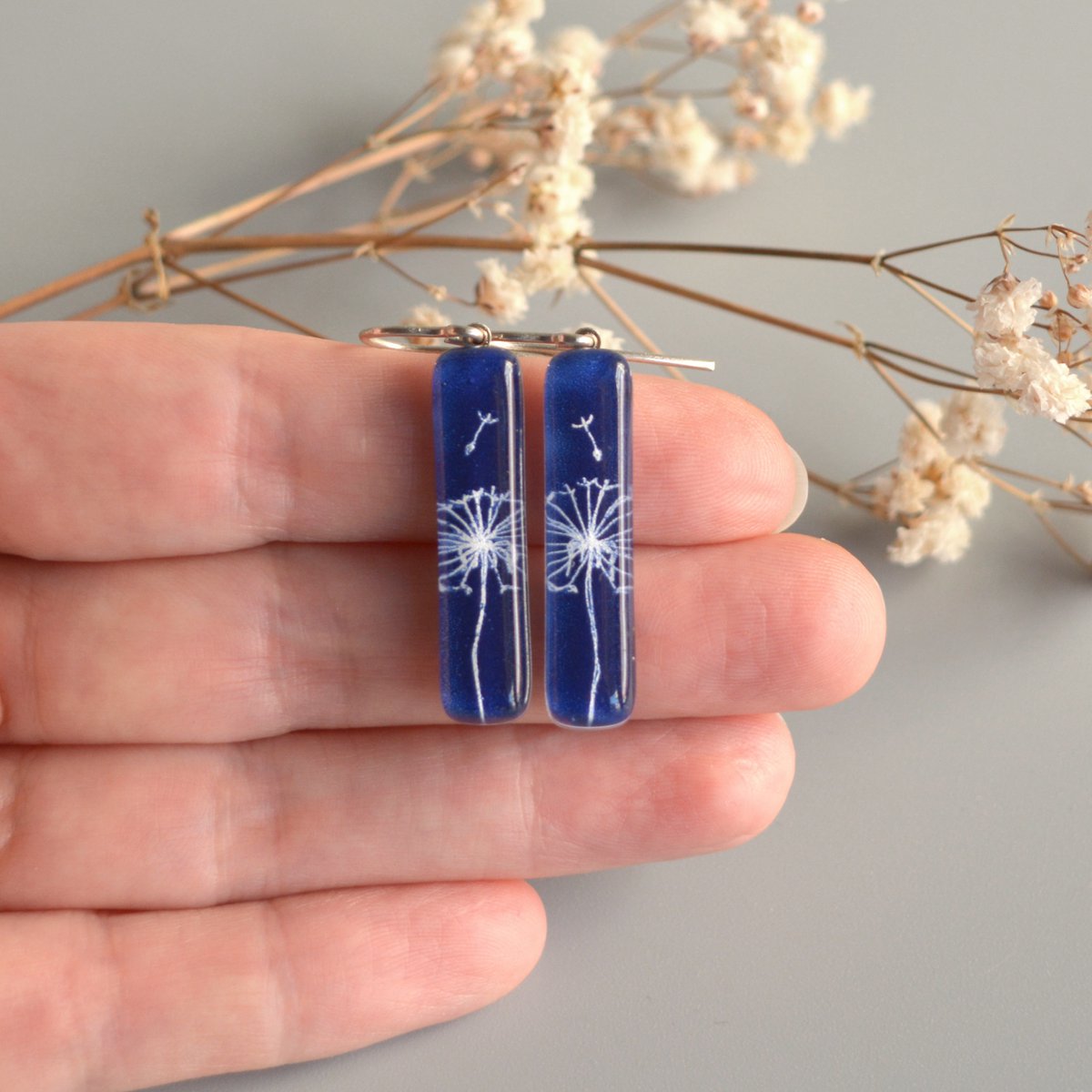 Dandelion earrings in cobalt blue, Long dangle bar, Glass and sterling silver