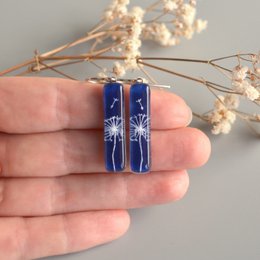 Dandelion earrings in cobalt blue, Long dangle bar, Glass and sterling silver
