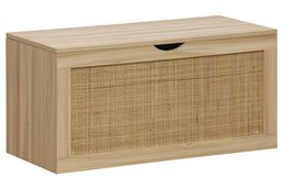Rectangular pine and rattan storage bench with one drawer.