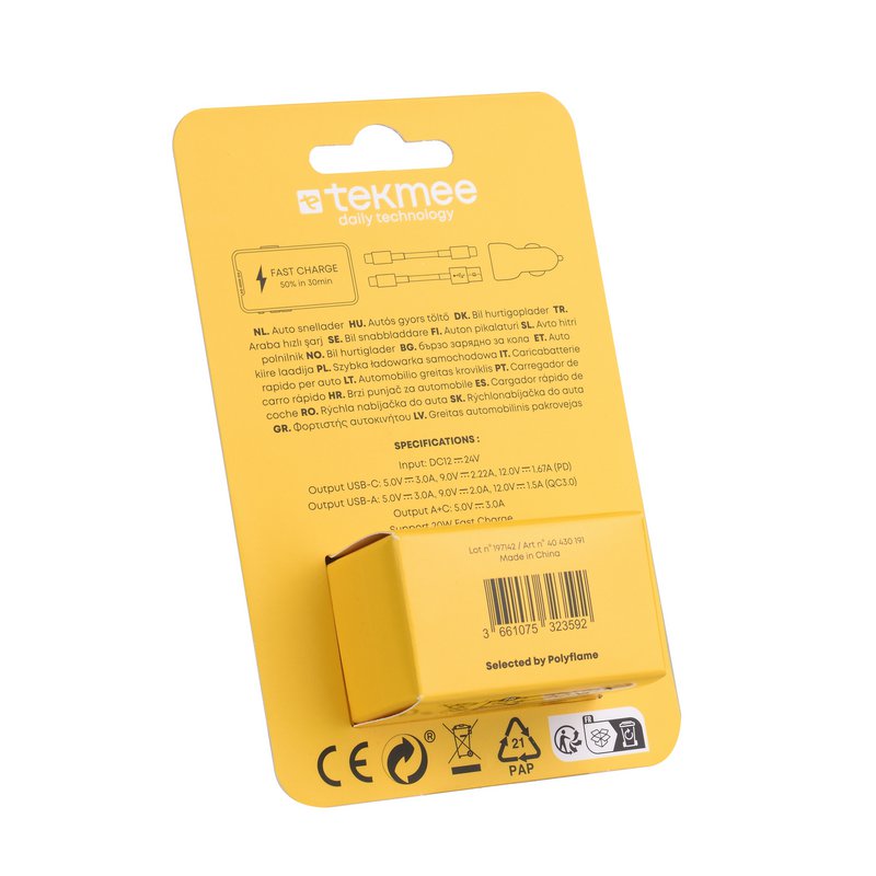 TEKMEE ZWARTE AUTOLADER 20W PD+QC