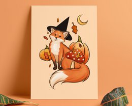 Fox Witch Print - Sød Fox & Pumpkin Witch A5 Print