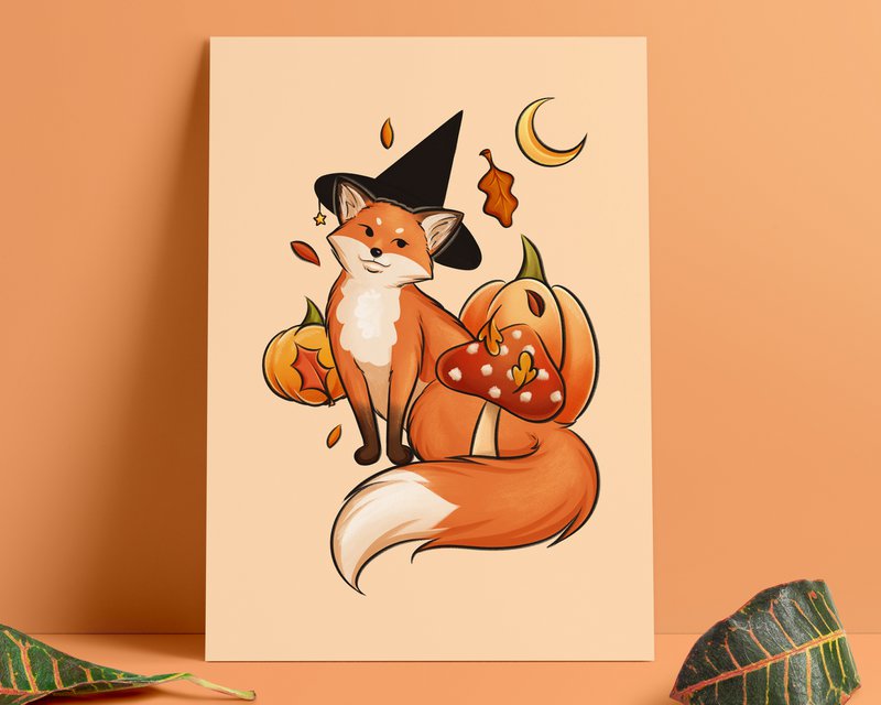 Fox Witch Print - Cute Fox & Pumpkin Witch A5 Print