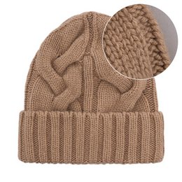 Walnut brown knitted beanie, merino cashmere blend, minimalist cable knit pattern, warm winter hat.