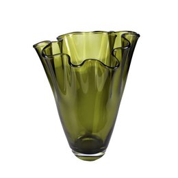 Olive green glass vase with wavy design, 21x21x30cm in size, suitable for table display.