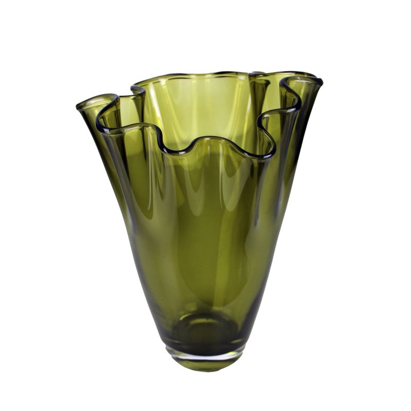 Vase glas bølget olivengrøn bordvase glasvase 21x21x30cm