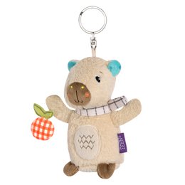 Cute plush capybara keyring, beige fabric with turquoise ears, checkered scarf, soft toy charm.