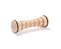 A wooden foot massage roller with ridges for a relaxing foot massage experience.