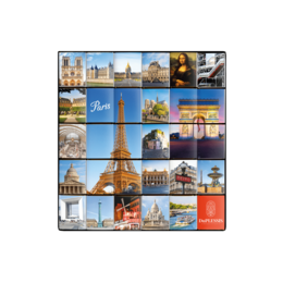 Dark chocolate 72% or milk chocolate 35% in a box with "Paris" design. Assortment of Paris-themed images in a collage.