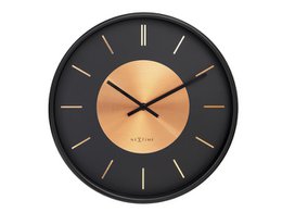 Round black metal wall clock with copper-colored center and black hands.