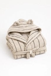 Off-white 100% cotton kids bathrobe, striped pattern, soft comfortable fabric, beach wear.