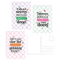 "New job success greeting cards set, colorful checkered pattern, motivational text, congratulations cards"