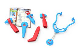 "Colorful plastic doctor kit toy set with blue and red stethoscope, medical instruments, educational play set"