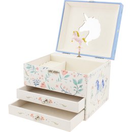 A musical jewelry box with a unicorn design, featuring 2 drawers and a mirror. The box is decorated with floral patterns and has a whimsical, enchanting appearance suitable for a child's room or as a gift.
