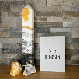  A simple greeting card with the text "Ik ga je missen" (I'm going to miss you) in a minimalist black and white design.