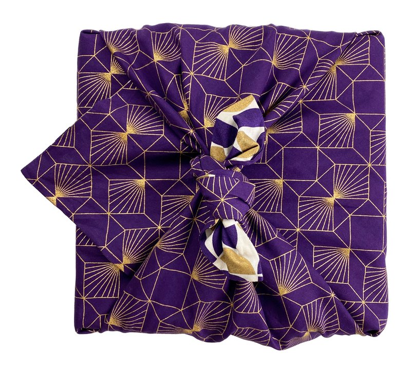 Confezione regalo Furoshiki Confezione regalo in tessuto con lune dorate e diamanti prugna - Doppia faccia (reversibile)