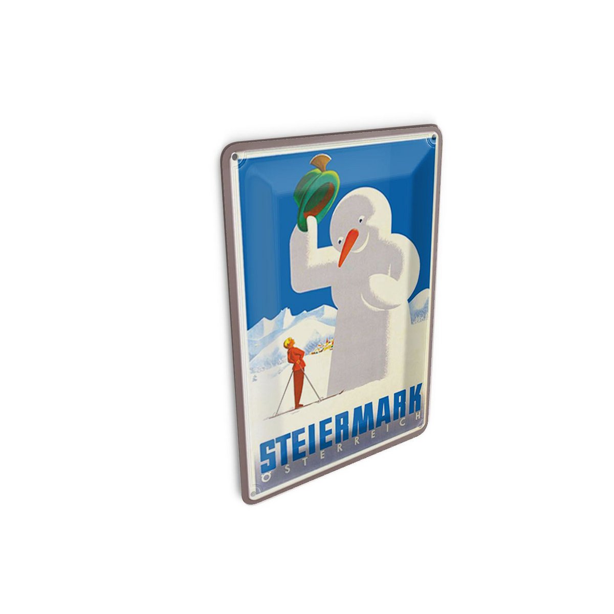 Cartolina da viaggio in latta 10x14 cm Targa decorativa pupazzo di neve Austria Stiria