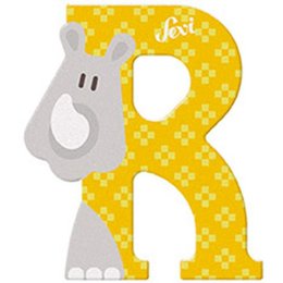 Wooden toy letter 'R' with a gray rhinoceros design on a yellow background with white polka dots.