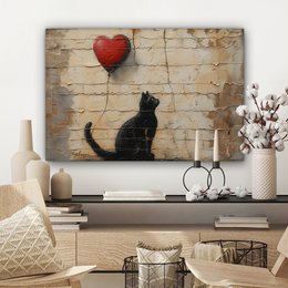 Canvas schilderij - Wanddecoratie Kat - Graffiti - Ballon - Street art - Abstract - Muurdecoratie woonkamer - Kamer decoratie modern - Abstracte schilderijen