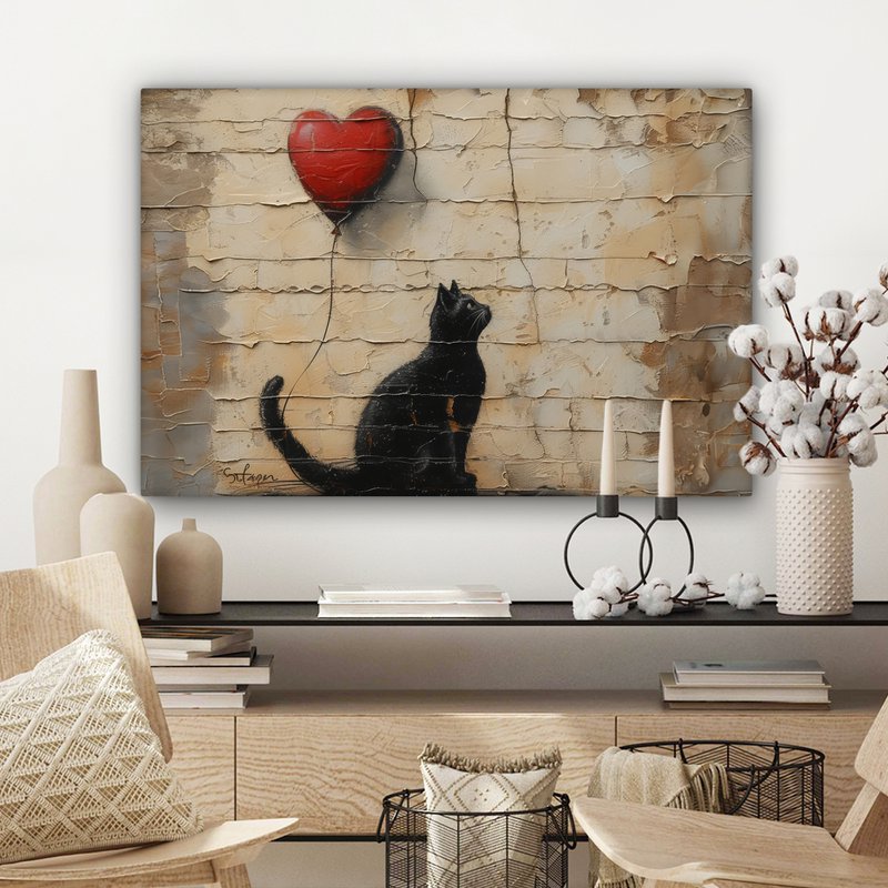 Canvas schilderij - Wanddecoratie Kat - Graffiti - Ballon - Street art - Abstract - Muurdecoratie woonkamer - Kamer decoratie modern - Abstracte schilderijen