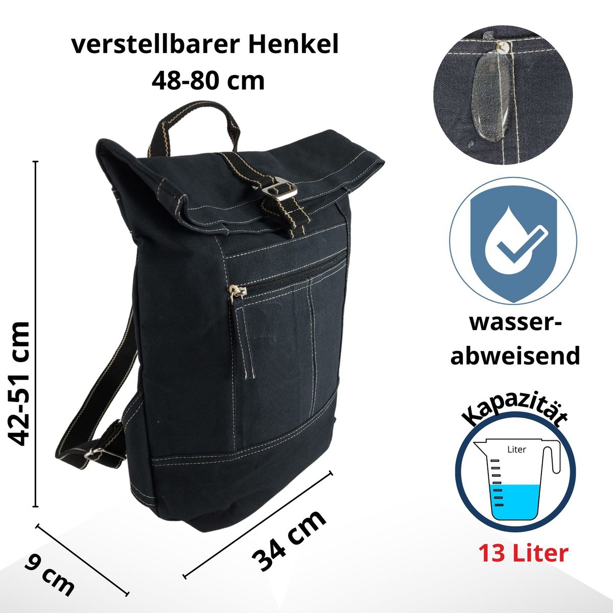 Plecak z woskowanego płótna Domelo. Wodoodporny plecak unisex. Wegański plecak rekreacyjny. Monochromatyczny, zwijany plecak z dużą ilością miejsca.