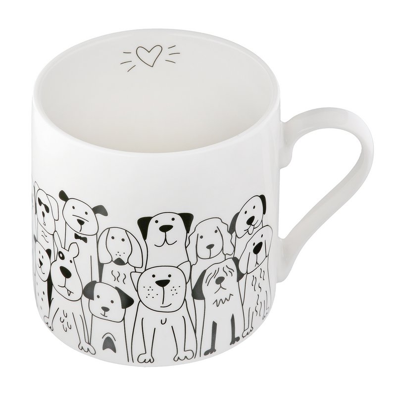 Tasse / Becher, "Hundebande", Hundmotiv, Knochenporzellan, weiß, VE 6, L. 8.8 cm, B. 12.5 cm, H. 9 cm