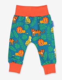 Baby trousers with a big cat print made from organic cotton. Features a vibrant jungle-themed pattern with tigers, leopards, and foliage. Comfortable and durable for active little ones.