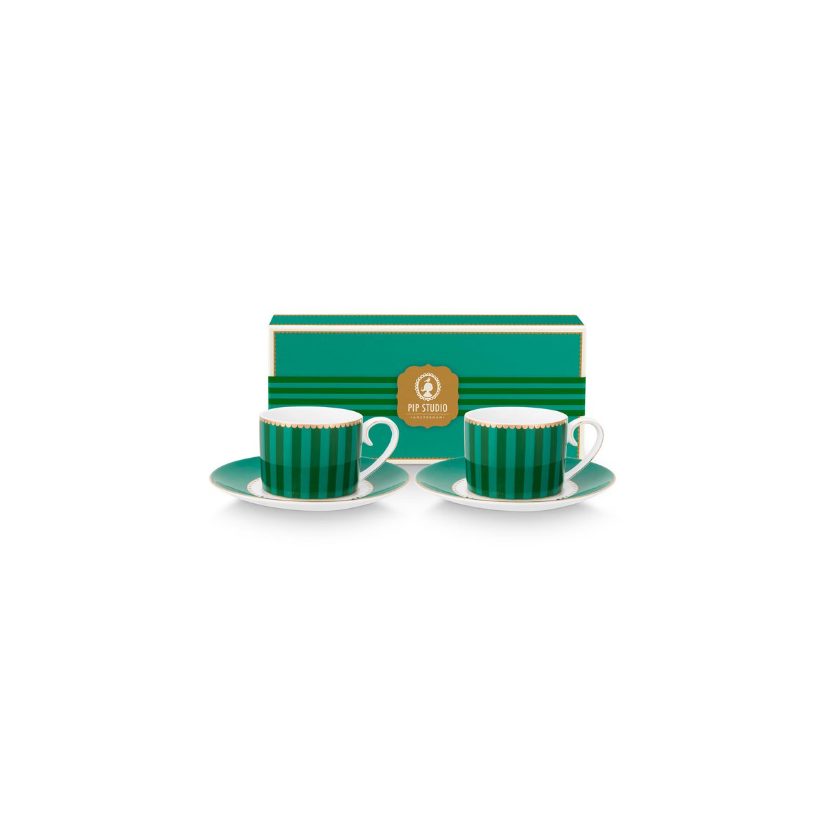 Set/2 Espresso Cups & Saucers Love Birds Stripes Emerald-Green
